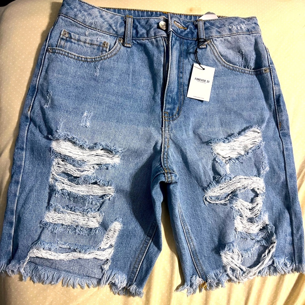 Forever21 Blue Ripped Jean Shorts Size: 26